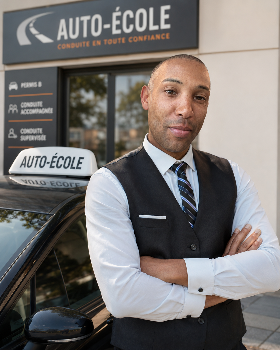 Gérard, président ESR Auto Moto, devant une voiture école
